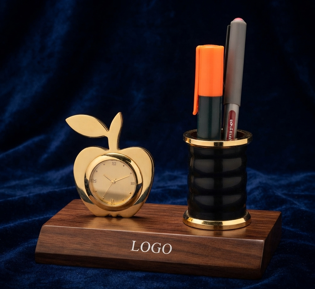 Gold Plated Clock With Pen Stand